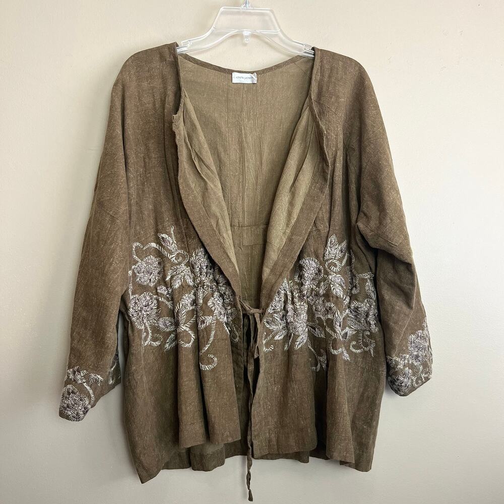 Krista Larson Delicate Linen Embroidered Tie Front Kimono Jacket Brown Lagenlook